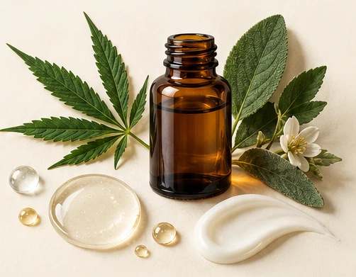 Botanical ingredients alongside white lotion and a formulation bottle.