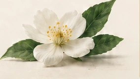 A white botanical flower and leaves.