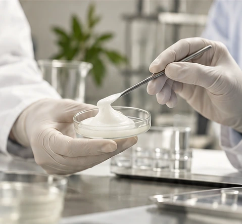 A formulation scientist evaluating an opaque white lotion.