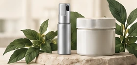A silver atomizer beside a white formulation jar.